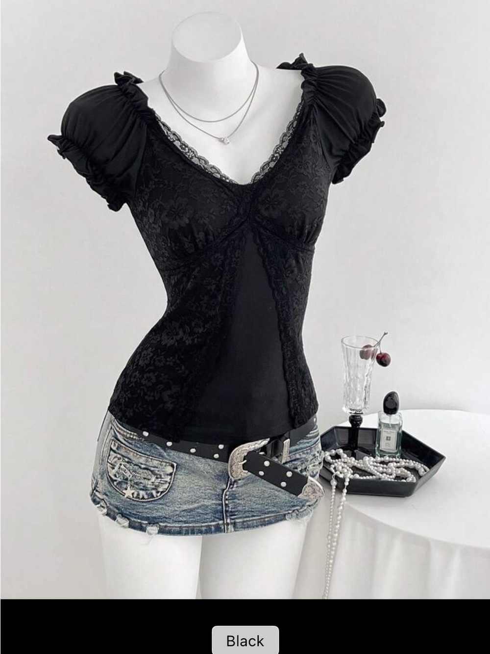 Black Lace-Trim Puff Sleeve Top - Women